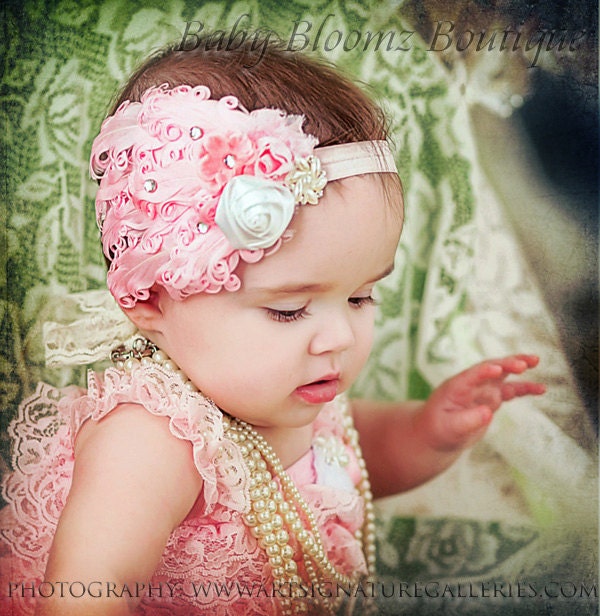 Baby Headband, Girl Headband, Pink feather Nagorie Headband, Shabby Flower headband,
