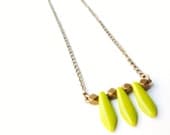 Beaded Necklace, Dagger Beads, Modern Jewelry, Lime Green, Chartreuse, Antiqued Brass Chain, Brass Beads, Beadwork, Czech Glass