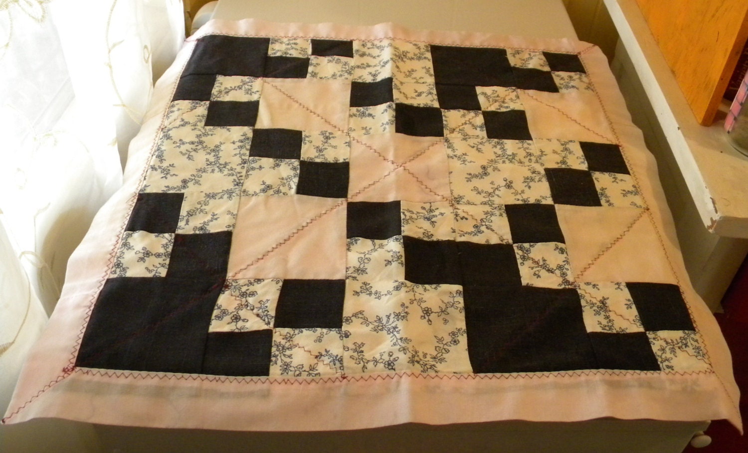 Vintage Doll Quilt or Table Topper Shabby Chic Pink, Black, White and Navy