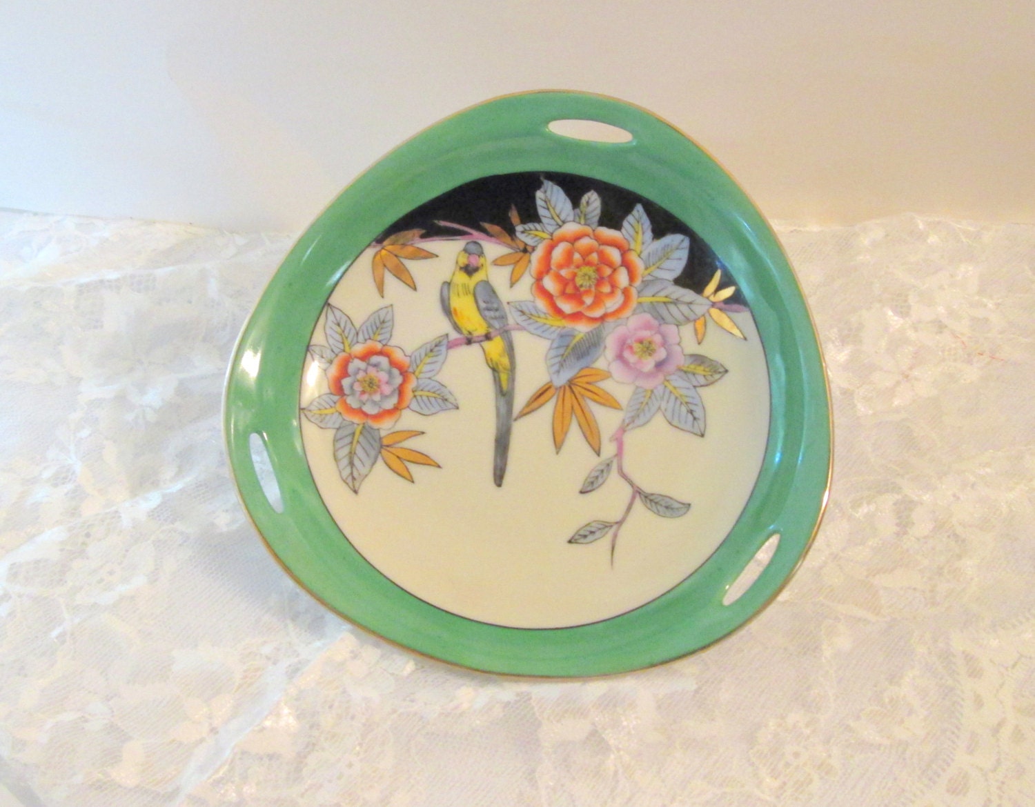 Vintage 1950s Noritake Triangular Plate with Bird and Lotus Flower Design