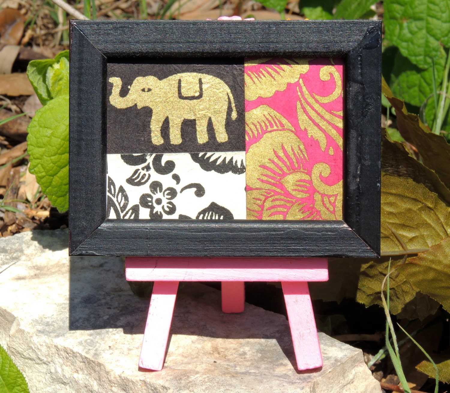 Pink and Black Elephant Mini Canvas Collage with Black Frame and Pink Easel, Mini Art, Pink Home Decor
