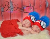 Crochet   Thing one and Thing two twin beanie hats set,boy or girl, handmade, boa feathers