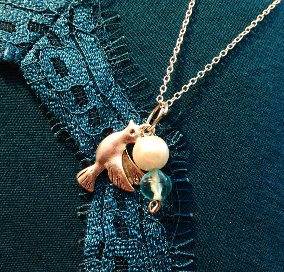 Bird charm with Blue and Pearl Bead Necklace