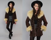 Vtg 70s Brown Suede Leather Sheep Lamb Fur Princess Boho Coat S-M