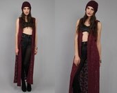 Vtg  90s Maroon Crochet Cut Out Lace Grunge Duster Jacket Vest S-L