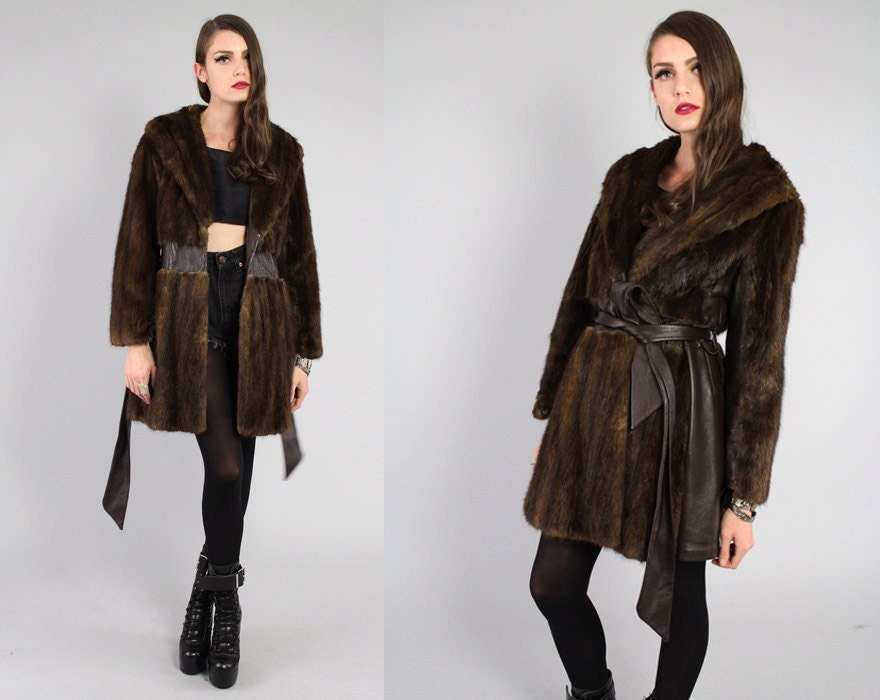 Vtg 70s 80s Chestnut Brown Mink Fur Leather Trench Coat Jacket S-M