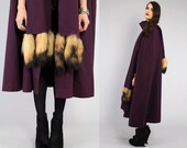 Vtg 60s Plum Purple Raccoon Tails Wool Mod Cape Coat L