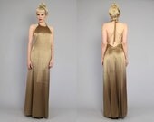 Vtg 90s Gold Satin Backless Gown Maxi Dress M
