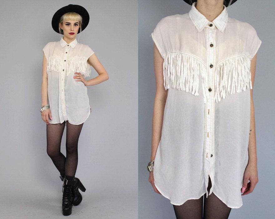 Vtg 90s White Fringe Western Button Up Shirt Tunic Top M-L
