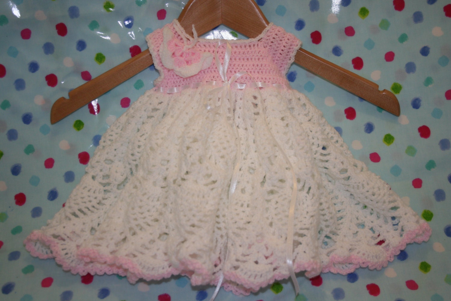 Dress Baby dress Girls dress Baby crochet dress Party dress in white & pink soft easy care acrylic. Age 3 to 9 months approximately