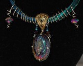 SALE: Handcrafted Necklace/ Carved Geode Druzy Pendant  Sterling Setting, Turquoise, Green Ribbon, Coil Silver Metal with AB Faceted Beads