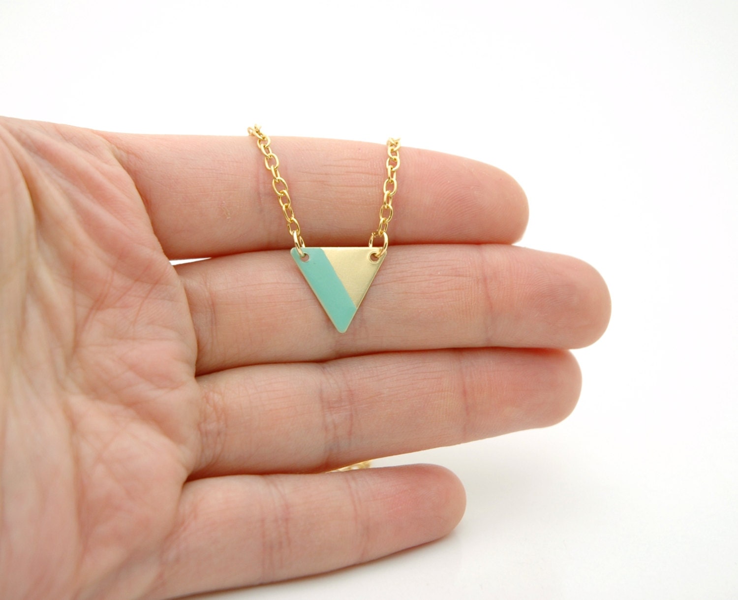 Minimalist Geometric Small Triangle Lined Necklace - Mint Green Hand Painted Modern Raw Brass Jewelry  - Gold Plated Chain