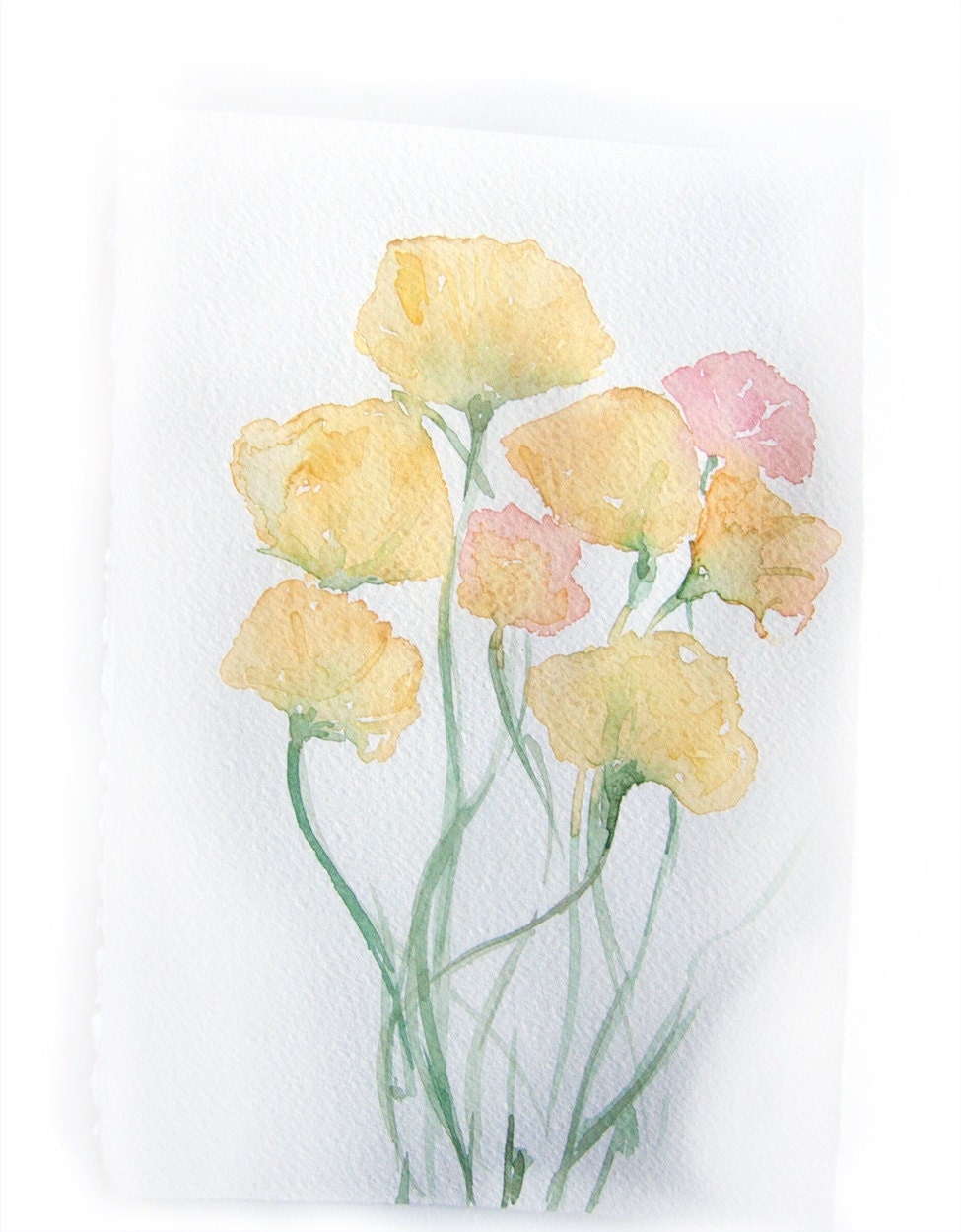 Watercolor painting of flowers. Art original. Small watercolors in light yellow 7,5 by 11 inches
