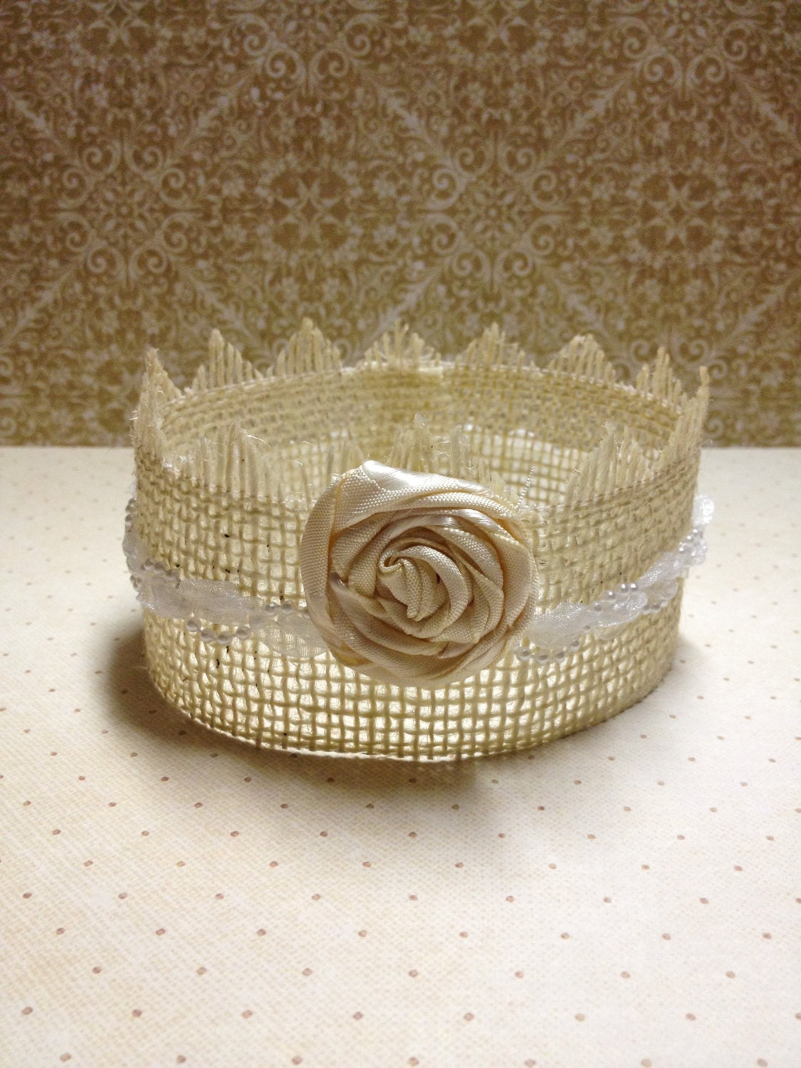 Natural Burlap Rosette and Pearl Lace Crown Photography Prop Newborn Child