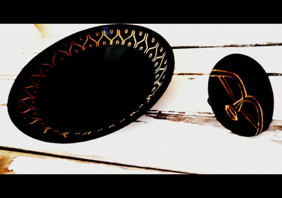 black vintage bowl- african home decor- napkin holder- black wood interior- Ethnic mask- gift for her-1980s