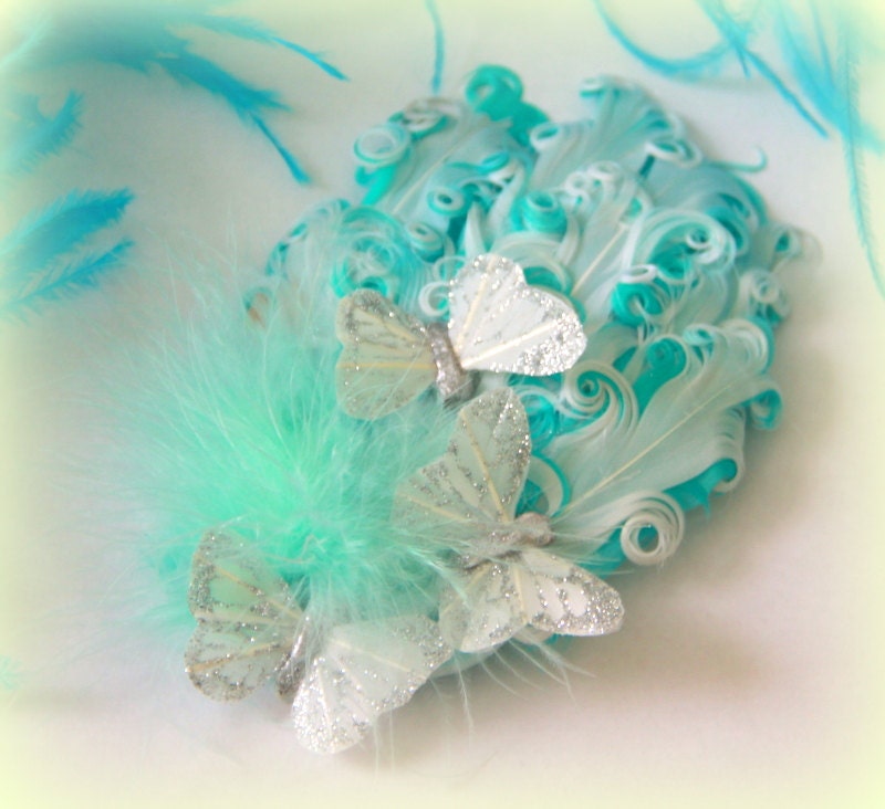 Ocean Butterfly aqua, white, and silver feather fascinator headband or clip- lovely for quincenara, wedding, prom, fairy, mermaid, etc.