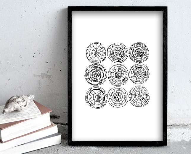 30x40 art print, circles illustration, A3 black and white pen drawing, modern art, large poster, wall decoration