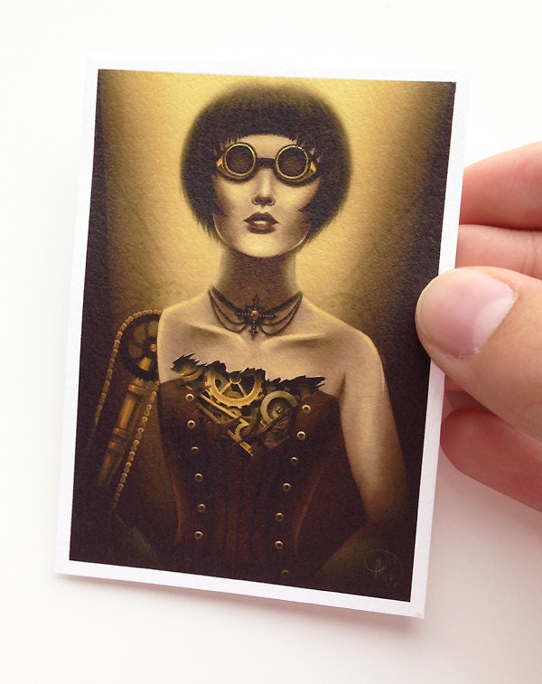 ACEO print - "Deus ex Machina" - painting of a robot girl with exposed gears - Steampunk Sci fi Victorian inspired art