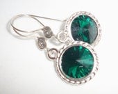 Emerald Green Swarovski Crystal Rivolli Earrings, Bali Sterling Swirl Wires