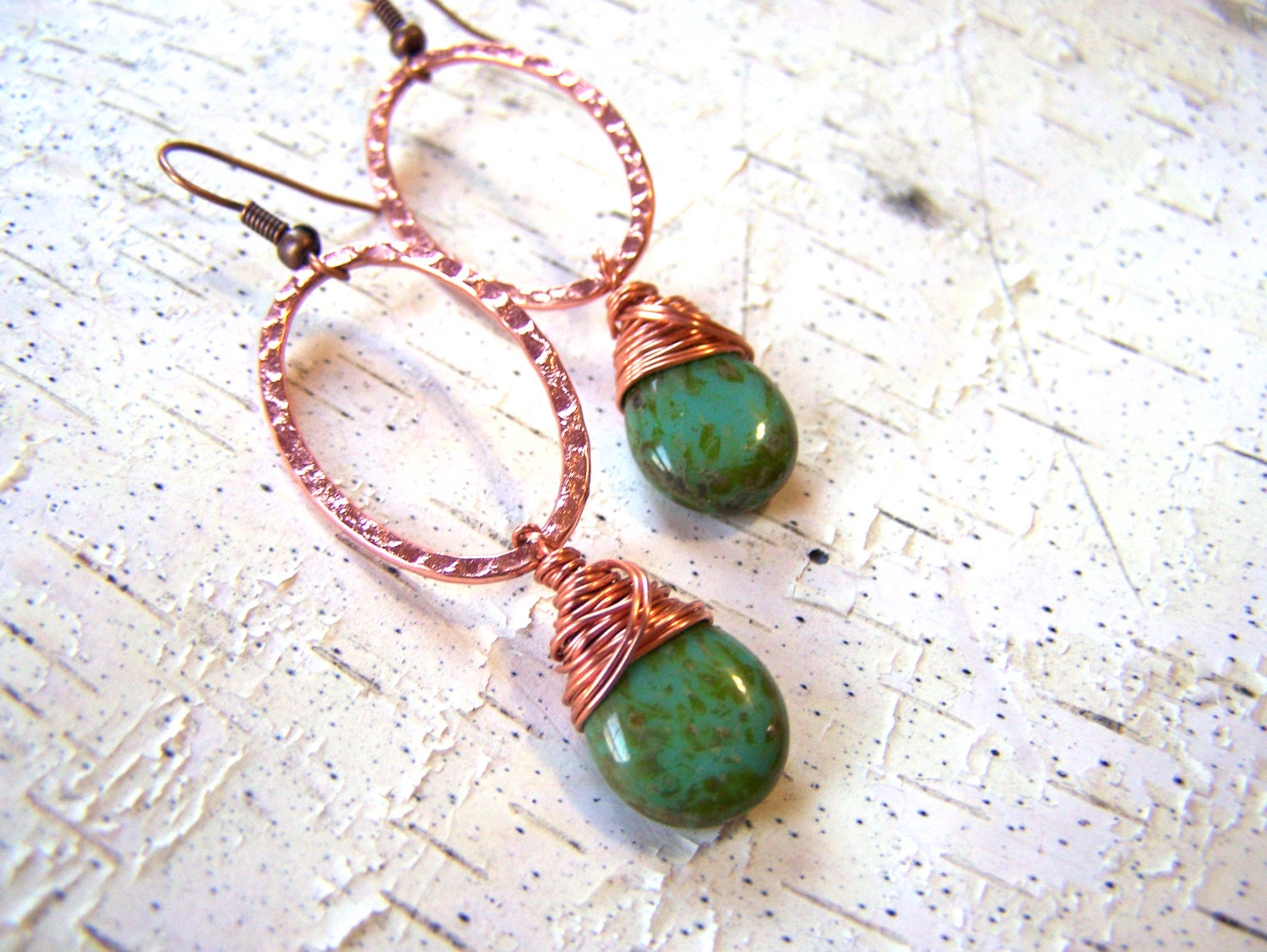 Opaque Turquoise Upcycled Copper Wire Wrapped Hoop Teardrop Briolette Earrings / Gift for Her