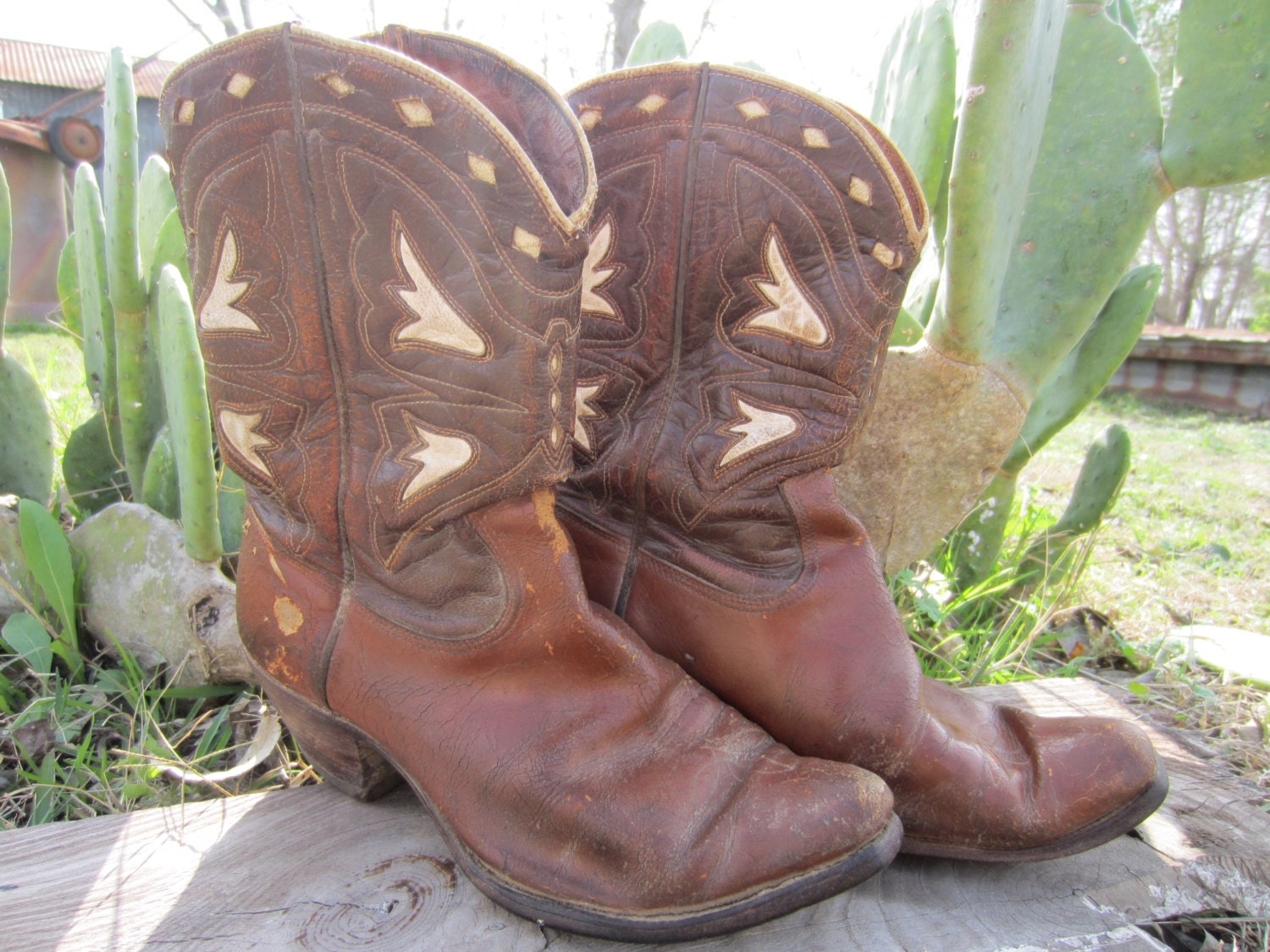 50's/60's Acme Cowboy Boots in Brown Leather, US 9,5 D EUR 43 UK 9 // Inlay Leather Boots