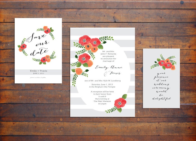 Hand Painted Flowers and Stripes Wedding Invitation