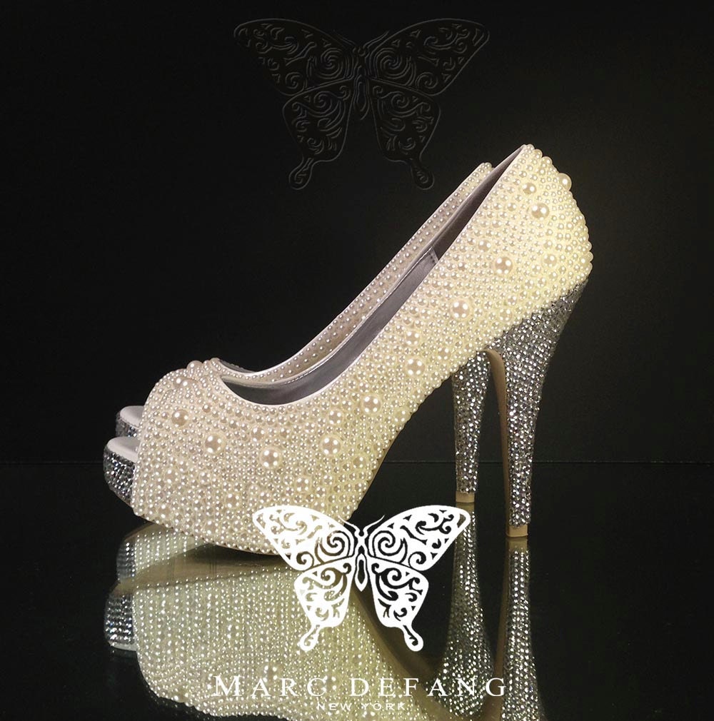 Ivory Mixed Pearls, 3mm Clear Crystal Luxury Peep Toe Heels