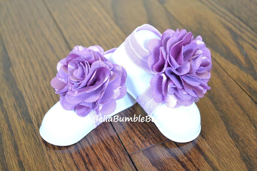 Lavender Baby Barefoot Shabby Flower Sandals for Newborn Baby or Toddler Girls, Orchid Booties, Bottomless Lilac Sandles, Purple