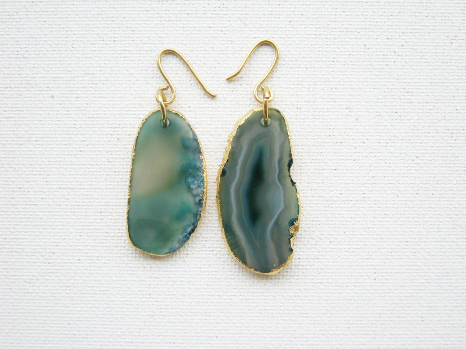 Green Semi Precious Quartz Slice Gold Edge Drop Earrings 14k Gold Filled Ear Wire