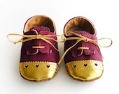 Baby Girl Shoes Burgundy Canvas with Gold Brogued Leather Crib shoes