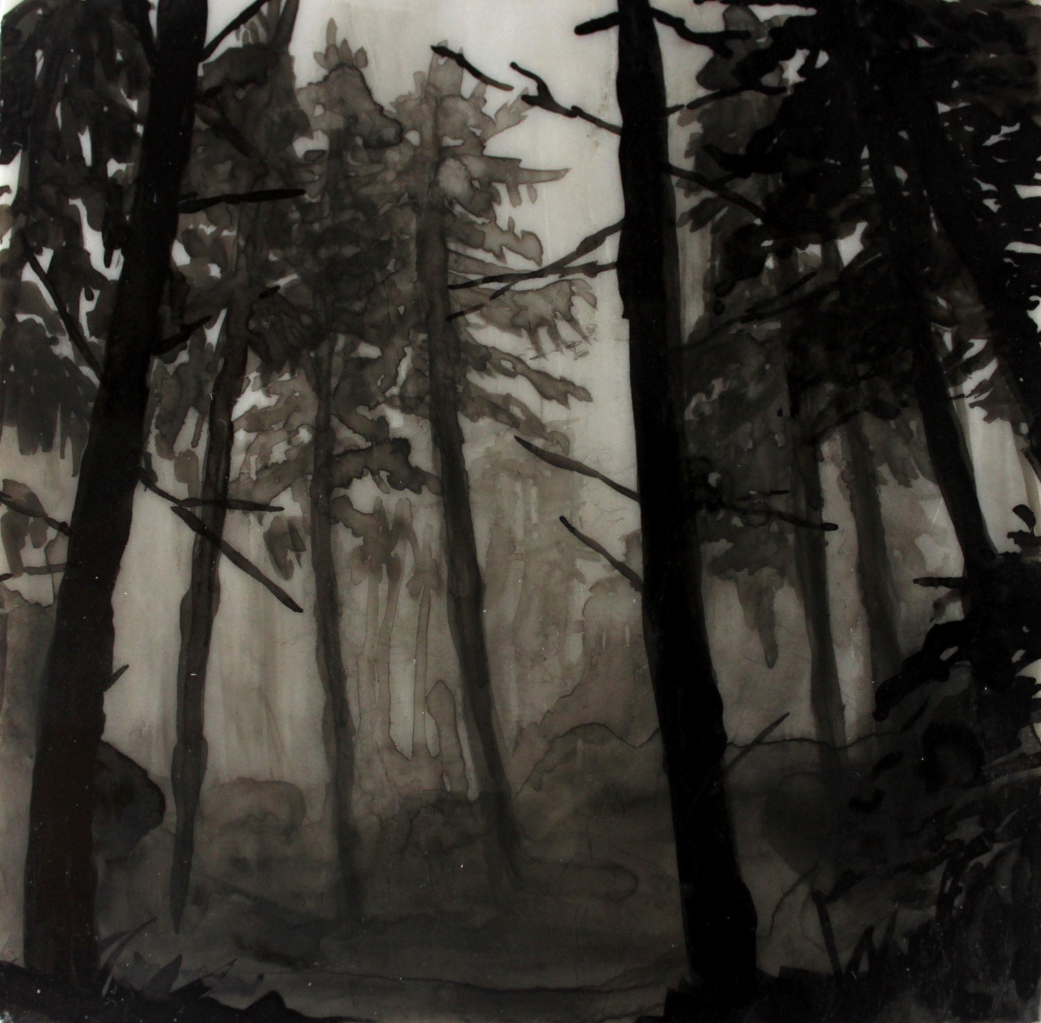 Charity --Black and White Ink Drawing-Painting on White Marble of Foggy Forest with Stand
