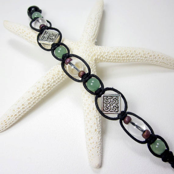 Black Beaded Macrame Bracelet, Semiprecious Stone Jewelry, Green Aventurine, Clear Quartz Gemstone Beads, Silver Celtic Knot