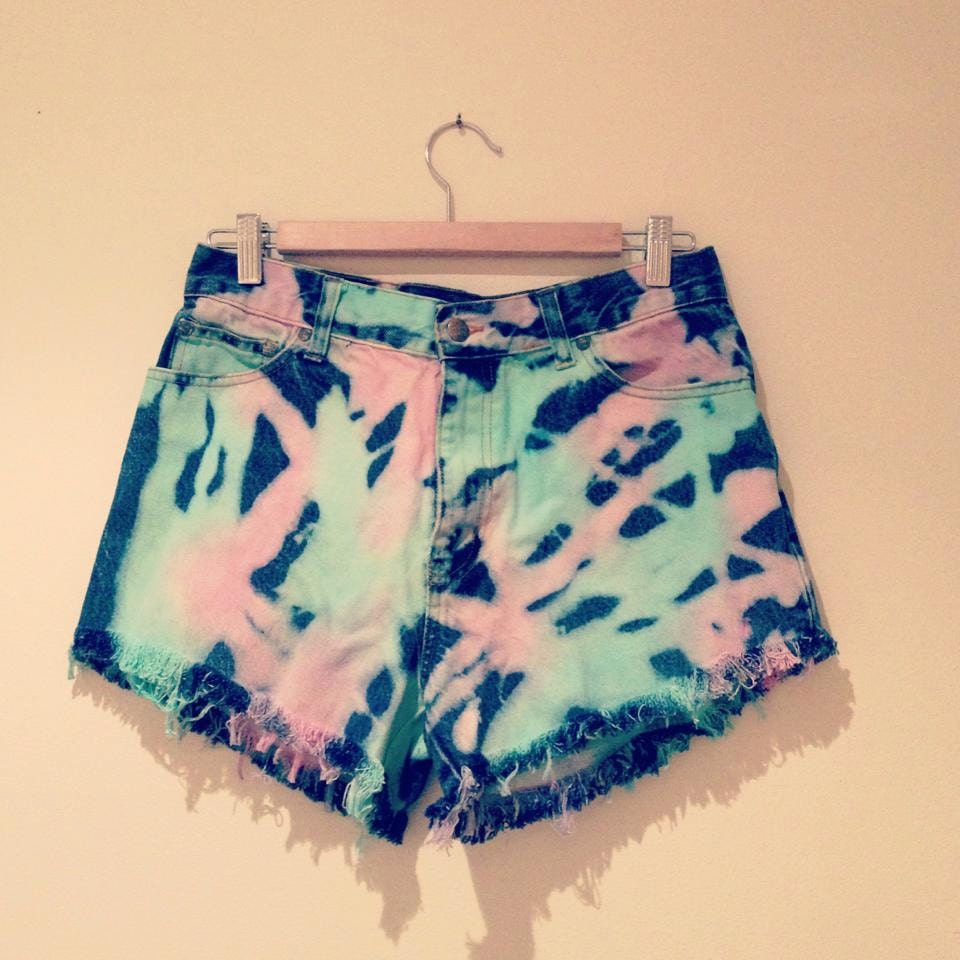 Pink and blue pastel bleached high waisted vintage denim shorts