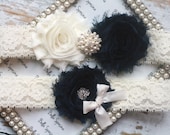 Navy Blue Wedding Garter -  Something Blue Bridal Garter and Toss Garter -  Rhinestone and Pearl