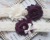 Eggplant Purple Wedding Garter - Bridal Garter and Toss Garter -  Rhinestone and Pearl