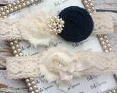 Navy Blue Garter and Toss Garter - Vintage Wedding Garter - Something Blue - Rhinestone and Pearl