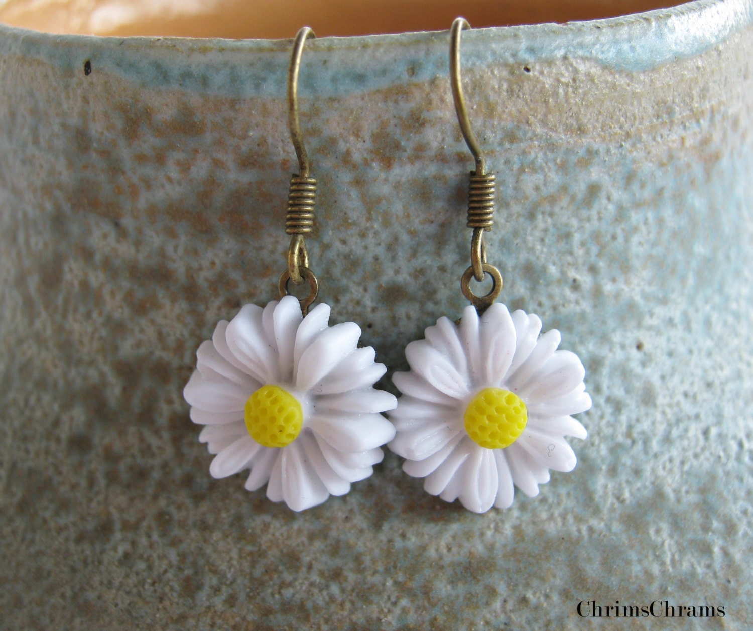 Earrings, Flower, Daisy, white, yellow, brass, bride, summer, women