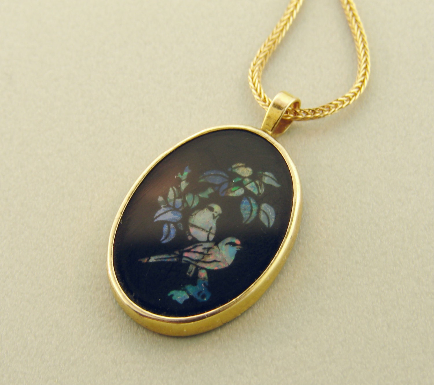 14k Opal Sparrow Birds Inlay in Onyx Pendant on an 18k gold chain