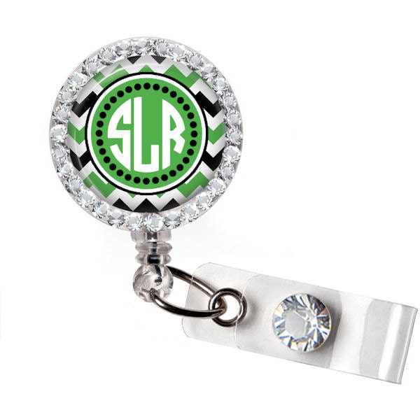 Retractable ID Badge Reel Personalized Bling Rhinestone Green and Black Chevron Badge ID Reel, Nurse Badge Reel, Bling Badge Reel