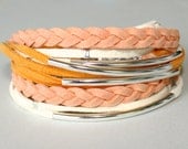 ONE of a KIND - 14.25" Bohemian Tube Double Wrap Microfiber Suede Leather - Ivory / Peach / Pumkin w/ Silver Tube Bangle Om Charm - Ref 566