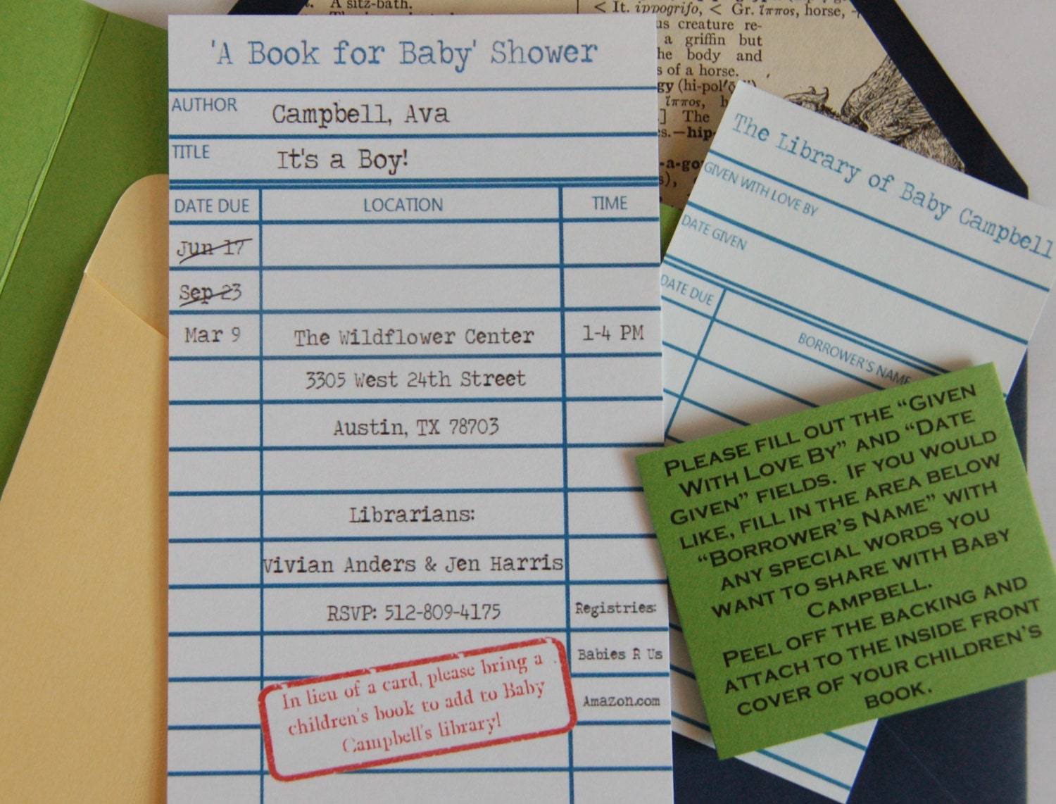 5 Book Shower Invitations - Library Card Style Invitation for Book Theme Shower or Party, Includes Envelope Liner, Bookplate, Custom Invite