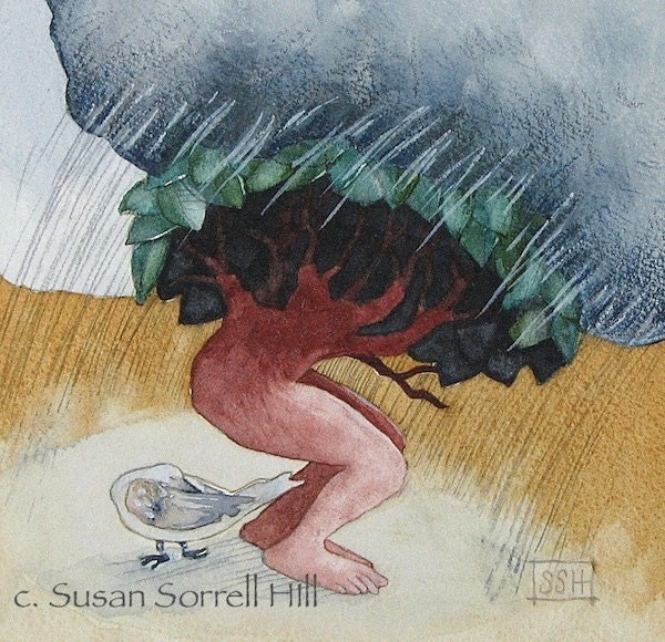 Storm watercolor original painting fairytale art tree raincloud Susan Sorrell Hill