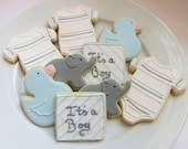 Baby shower cookie favors decorated for a boy in blue and gray: onesies, ducks, elephants and personalized squares, 1 dozen