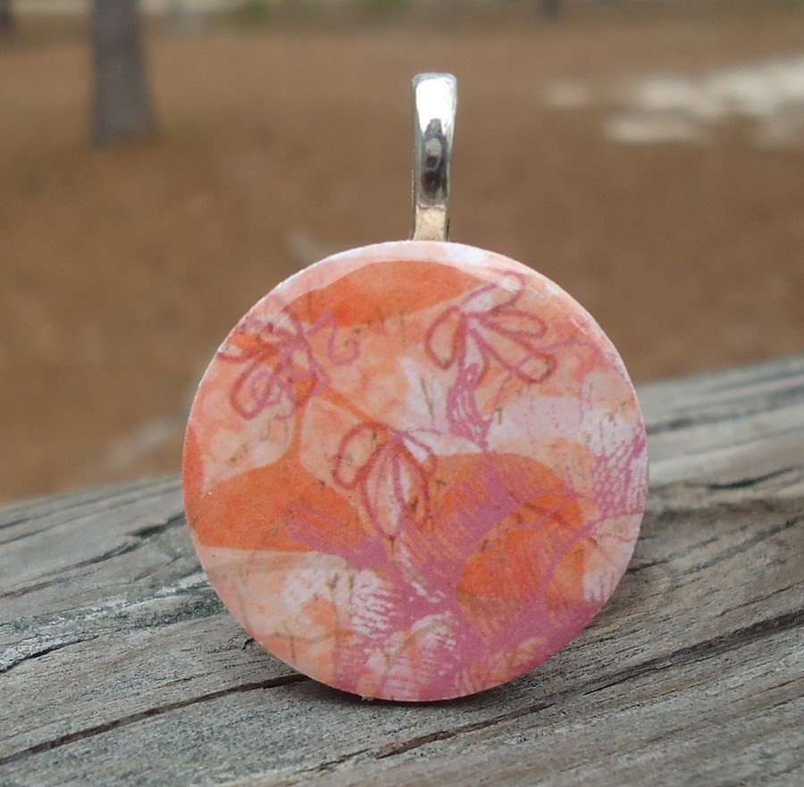 Bright Orange and Pink Leaves, Wood Tile, Pendant, Teen Jewelry