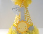 Sunshine Girl - Grey and Yellow Chevron - You Are My Sunshine Birthday Party Hat - Personalized Il_170x135