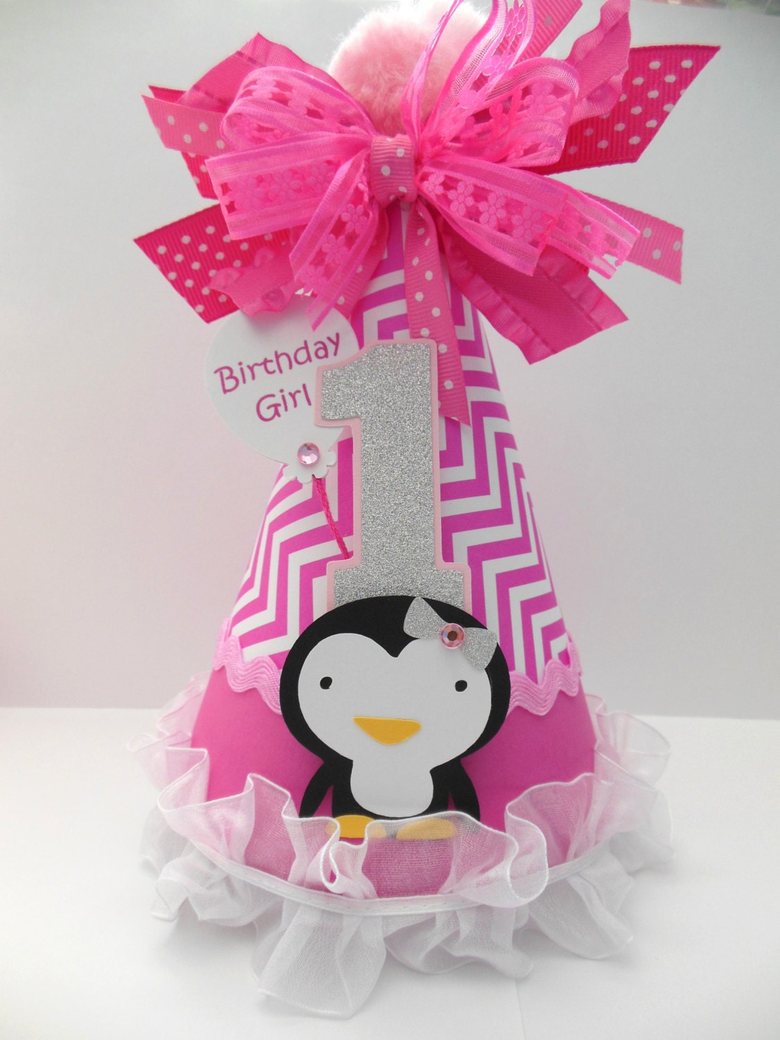 Penguin Winter Onederland Birthday Party Hat - Pink Chevron - Personalized Il_570xn
