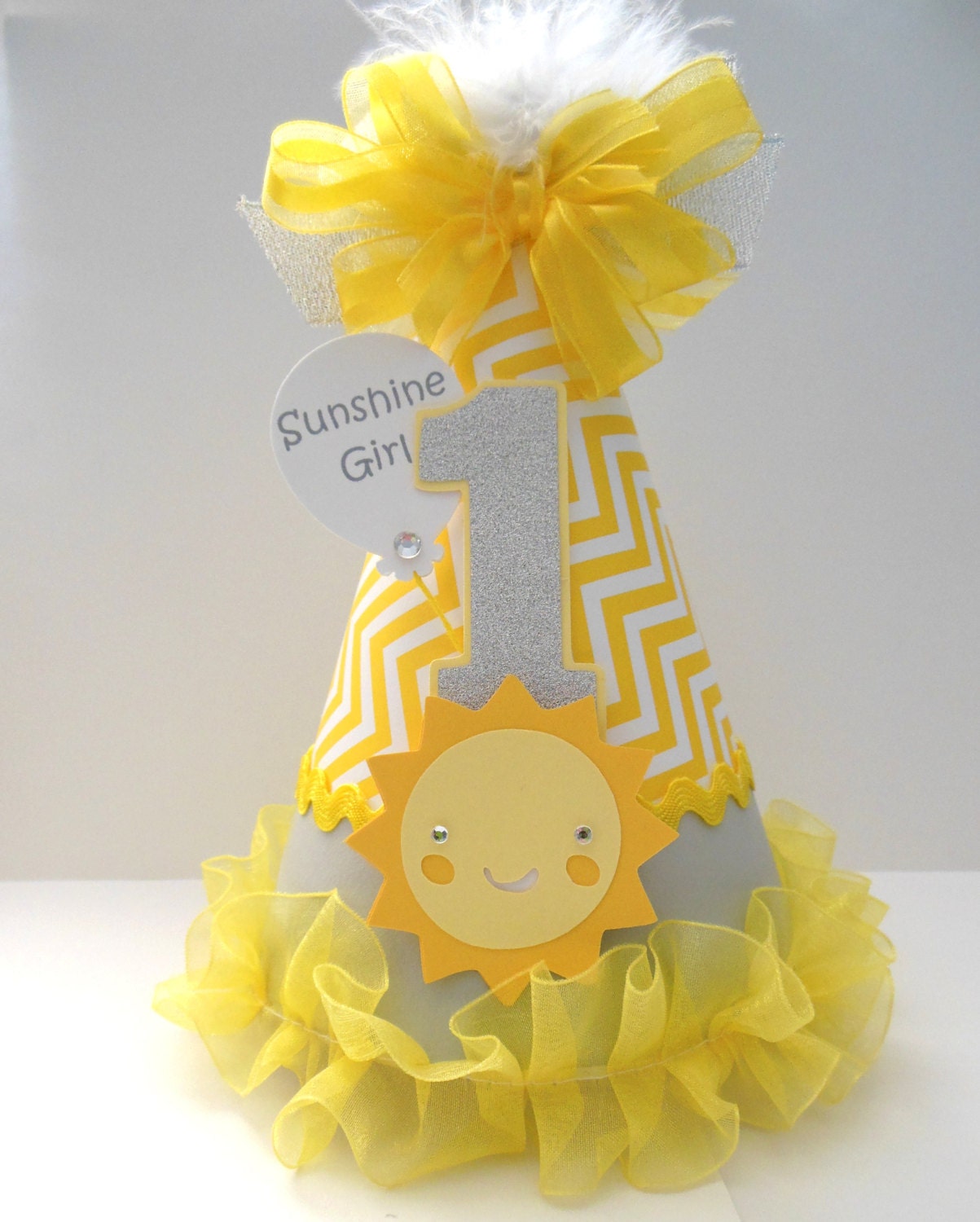Sunshine Girl - Grey and Yellow Chevron - You Are My Sunshine Birthday Party Hat - Personalized Il_570xn