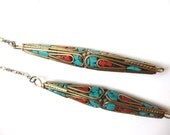 Brass, Turquoise, and Coral Long Chain Dangle Earrings  Handmade   Tibetan Jewelry, Exotic Earrings, Teal, Blue, Gold