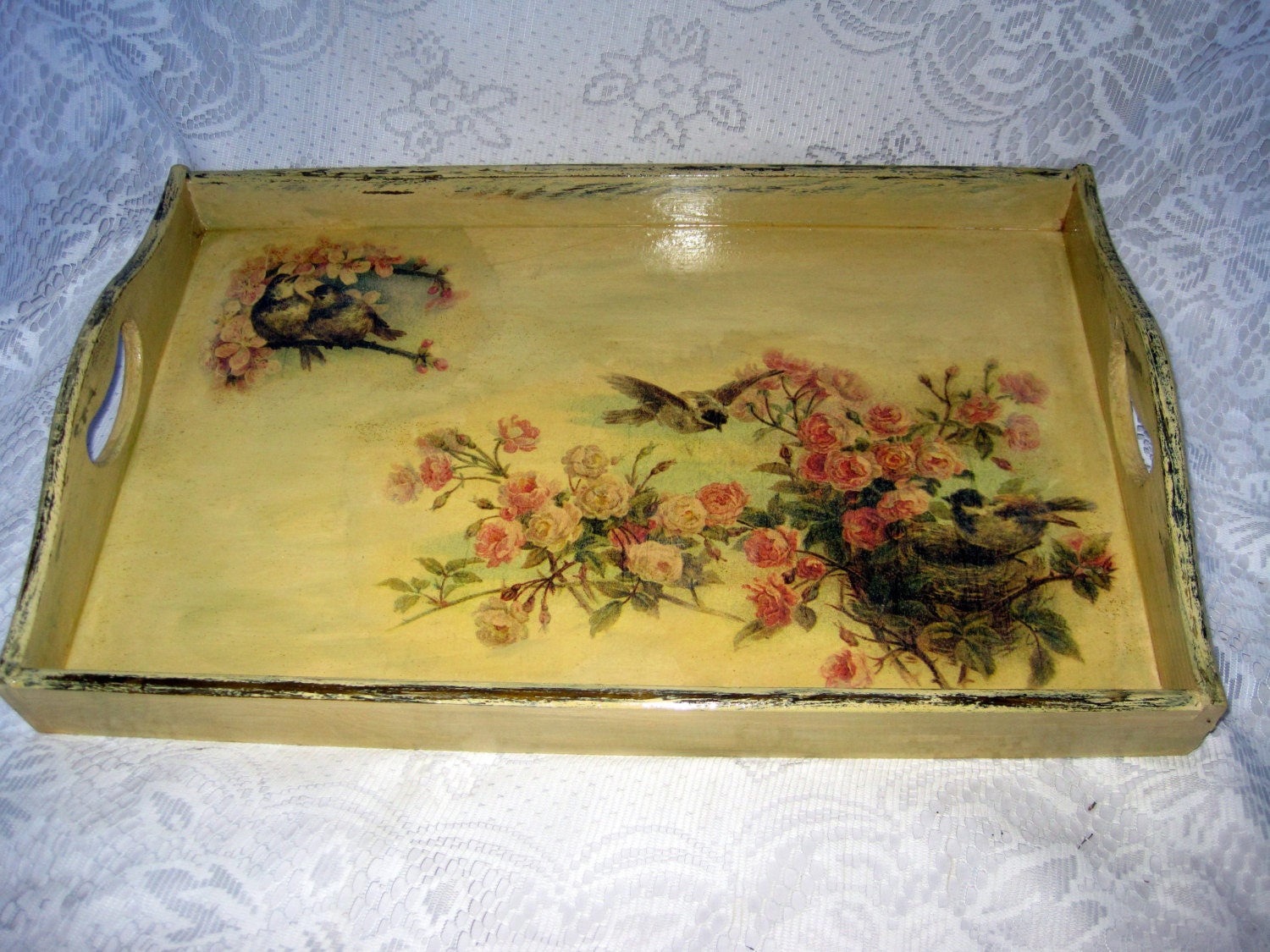 Flower theme romantic serving tray ,tea tray ,breakfast serving tray , (Vintage shabby chic) ,Rustic ,Woodland , Home decor ,French country