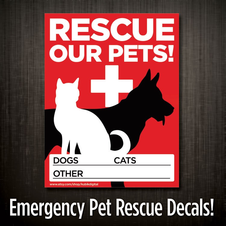 2 Emergency Fire Pet Rescue Decals / Light Adhesive Window Cling - Save Our Pets - Dogs, Cats, & Other Animals - KubikDigital